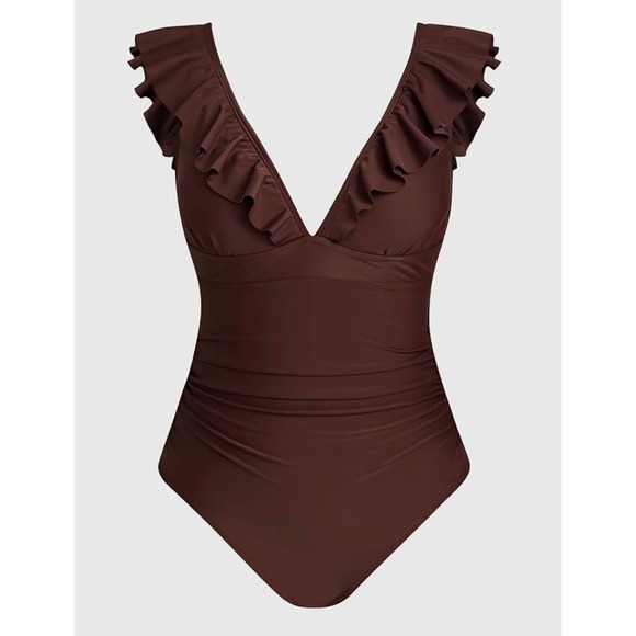 NEW Cupshe Brown Ruffle Large Lace Up Back Tummy Control One Piece Swimsuit - Picture 7 of 10